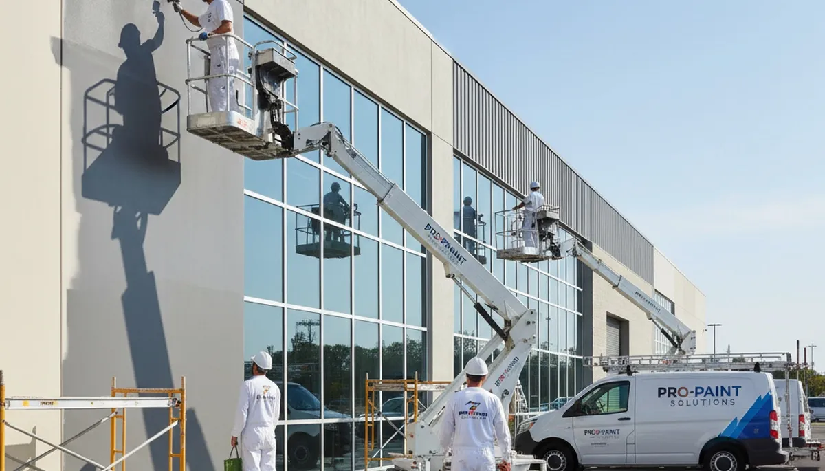 Professional commercial painters coating office exterior in Mesa, AZ for long-lasting color and protection