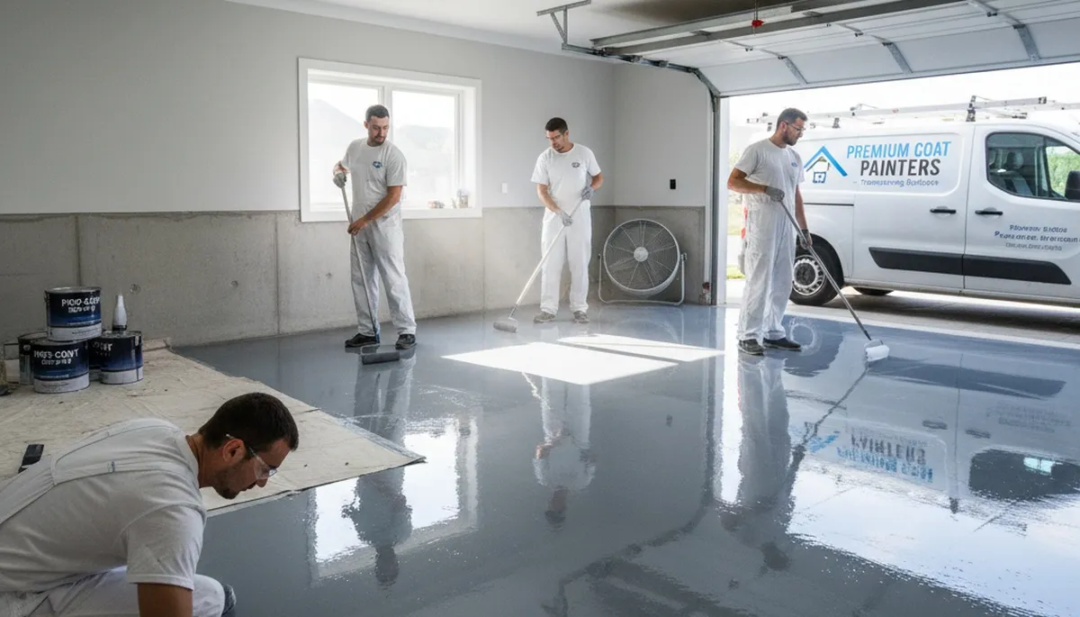 Epoxy garage floor coating in Mesa, AZ with durable, UV-resistant finish applied by professional painters