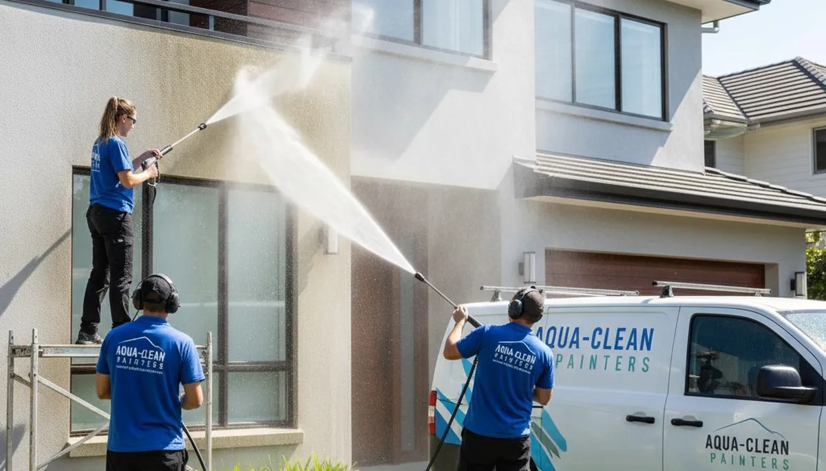 Professional pressure washing a stucco home exterior in Mesa, AZ for driveway and patio restoration